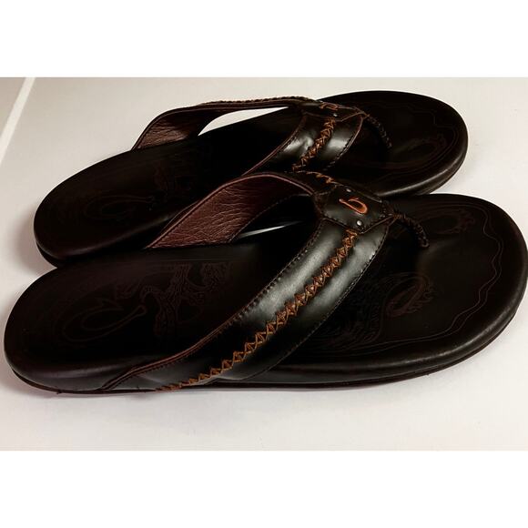 OluKai Mea Ola Men’s Leather Sandals Brown Thong Flip Flops Size 13 US 46 EU - Picture 3 of 8